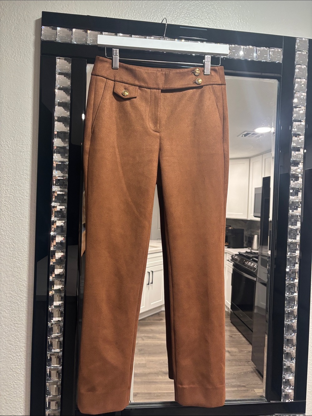 White House Black Market Brown Straight-Leg Ponte Pants with Gold Buttons